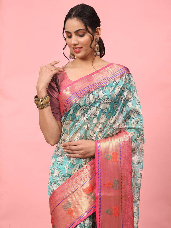 Turquoise Art Silk Digital Print Floral Saree with Unstitched Blouse - Hiral Fashion | Swadesiicart