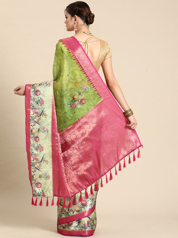 Green Kanjeevaram Silk Digital Print Floral Saree with Unstitched Blouse - Hiral Fashion | Swadesiicart