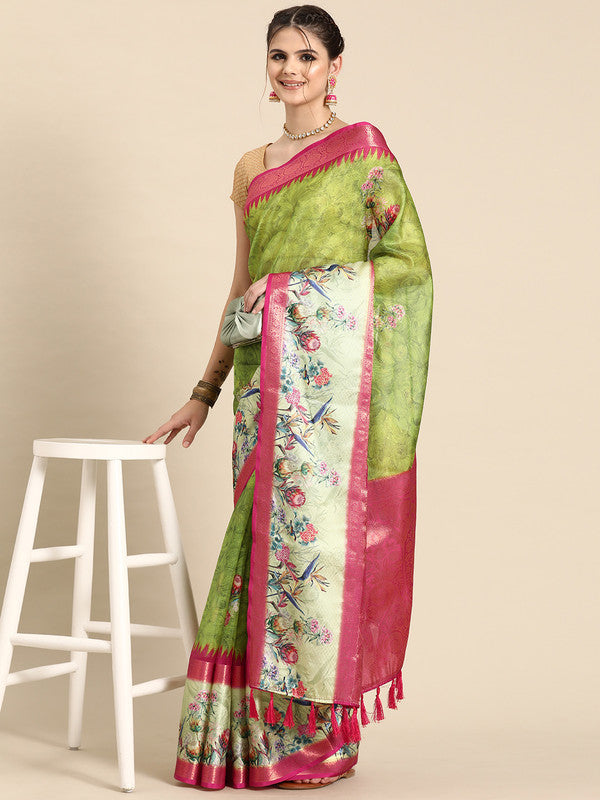 Green Kanjeevaram Silk Digital Print Floral Saree with Unstitched Blouse - Hiral Fashion | Swadesiicart