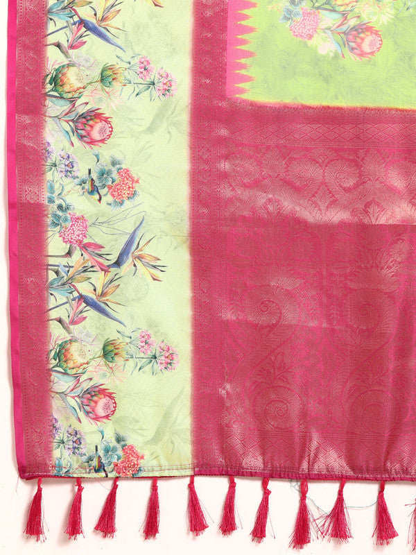 Green Kanjeevaram Silk Digital Print Floral Saree with Unstitched Blouse - Hiral Fashion | Swadesiicart