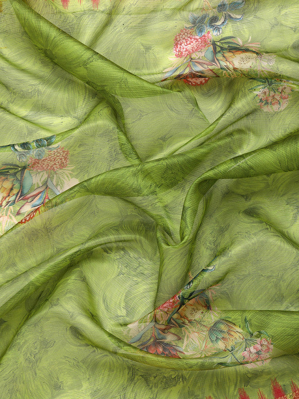 Green Kanjeevaram Silk Digital Print Floral Saree with Unstitched Blouse - Hiral Fashion | Swadesiicart