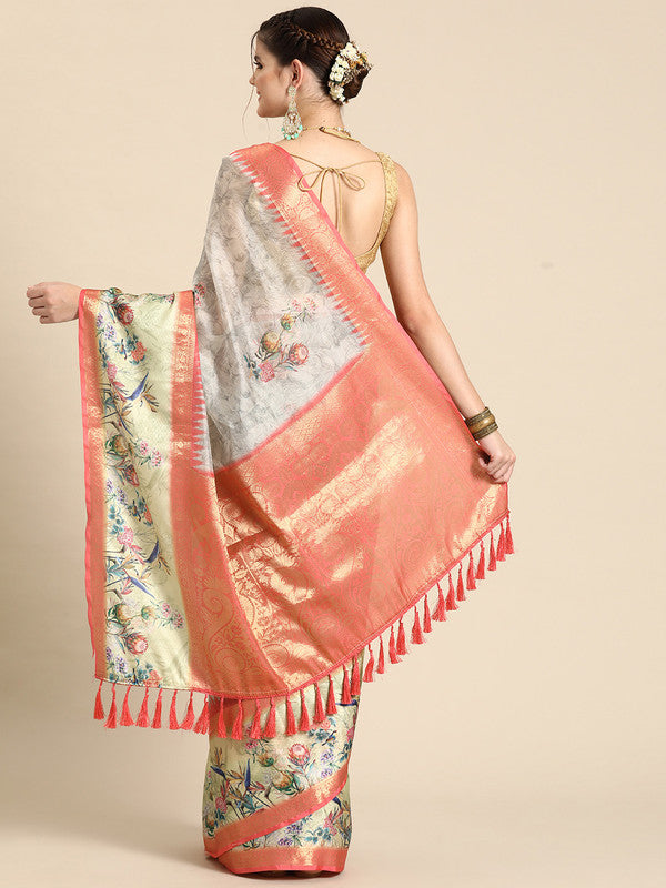Gray Kanjeevaram Silk Digital Print Floral Saree with Unstitched Blouse - Hiral Fashion | Swadesiicart