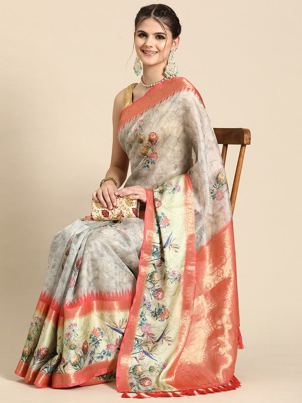 Gray Kanjeevaram Silk Digital Print Floral Saree with Unstitched Blouse - Hiral Fashion | Swadesiicart