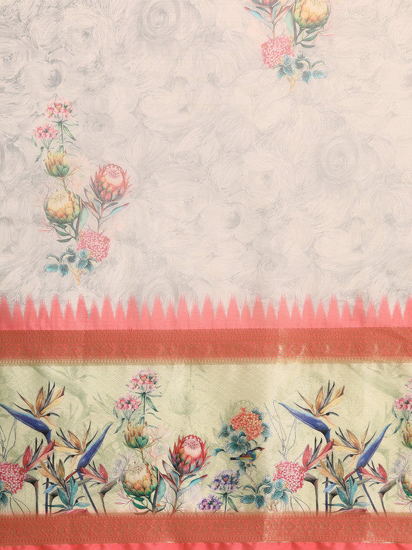 Gray Kanjeevaram Silk Digital Print Floral Saree with Unstitched Blouse - Hiral Fashion | Swadesiicart