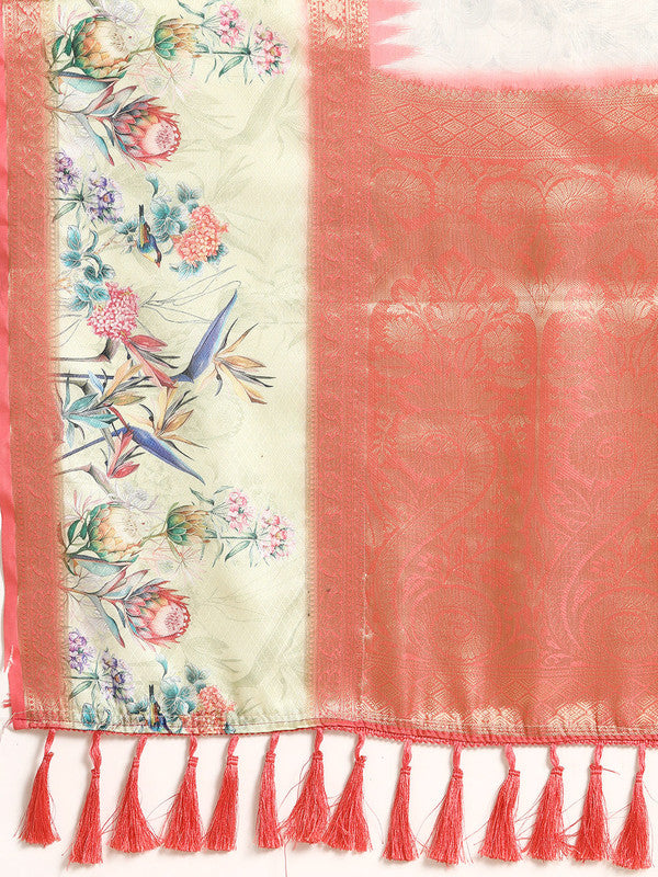 Gray Kanjeevaram Silk Digital Print Floral Saree with Unstitched Blouse - Hiral Fashion | Swadesiicart