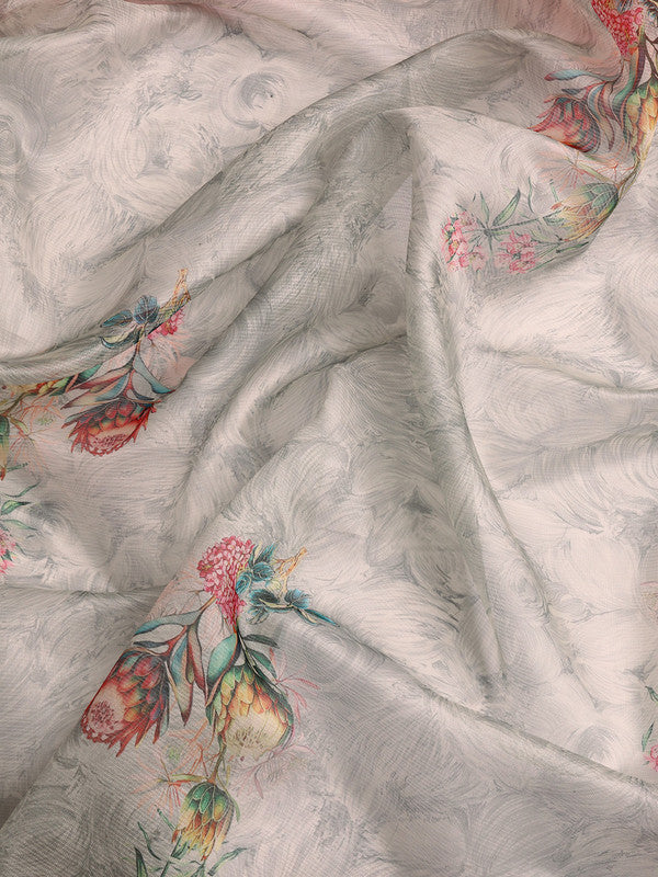 Gray Kanjeevaram Silk Digital Print Floral Saree with Unstitched Blouse - Hiral Fashion | Swadesiicart