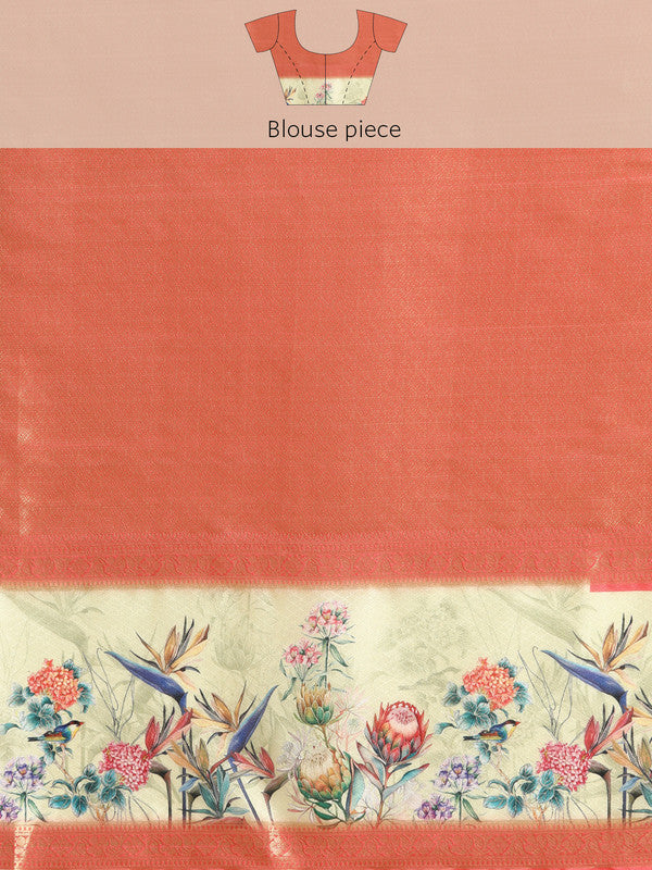 Gray Kanjeevaram Silk Digital Print Floral Saree with Unstitched Blouse - Hiral Fashion | Swadesiicart