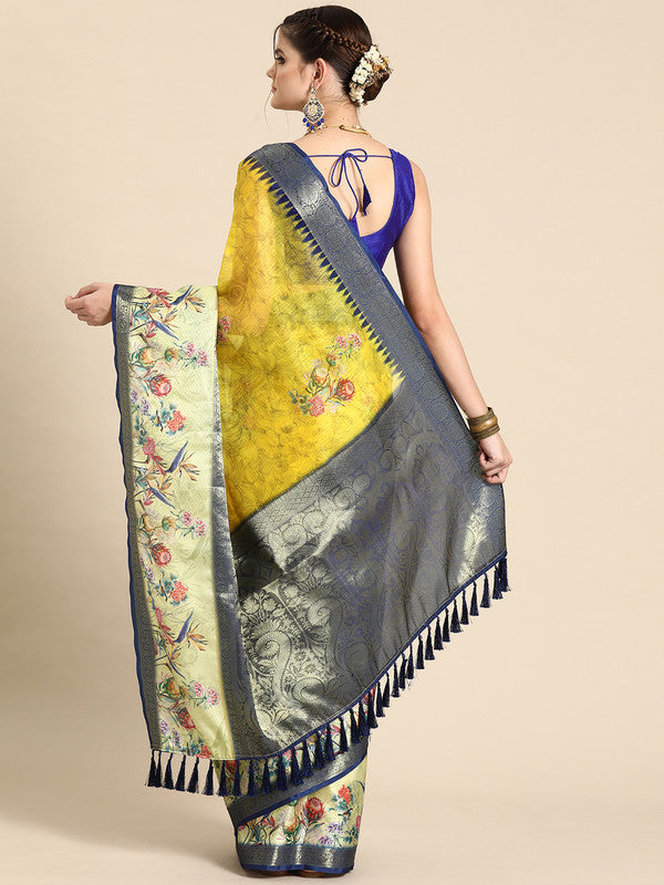 Mustard Kanjeevaram Silk Digital Print Floral Saree with Unstitched Blouse - Hiral Fashion | Swadesiicart
