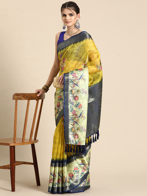 Mustard Kanjeevaram Silk Digital Print Floral Saree with Unstitched Blouse - Hiral Fashion | Swadesiicart
