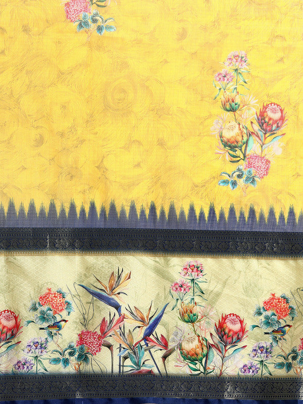 Mustard Kanjeevaram Silk Digital Print Floral Saree with Unstitched Blouse - Hiral Fashion | Swadesiicart