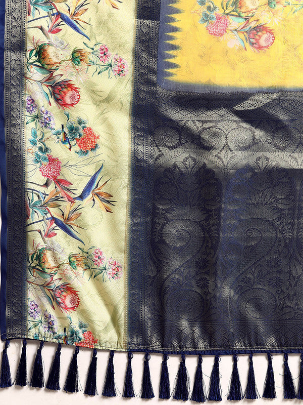 Mustard Kanjeevaram Silk Digital Print Floral Saree with Unstitched Blouse - Hiral Fashion | Swadesiicart