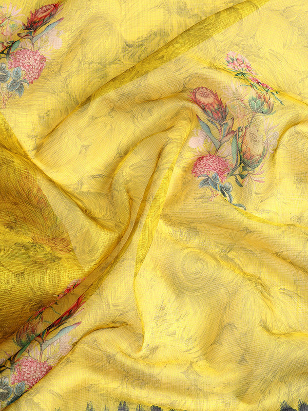Mustard Kanjeevaram Silk Digital Print Floral Saree with Unstitched Blouse - Hiral Fashion | Swadesiicart