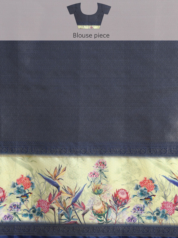 Mustard Kanjeevaram Silk Digital Print Floral Saree with Unstitched Blouse - Hiral Fashion | Swadesiicart