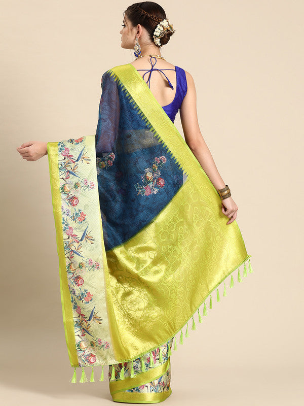 Navy Blue Kanjeevaram Silk Digital Print Floral Saree with Unstitched Blouse - Hiral Fashion | Swadesiicart