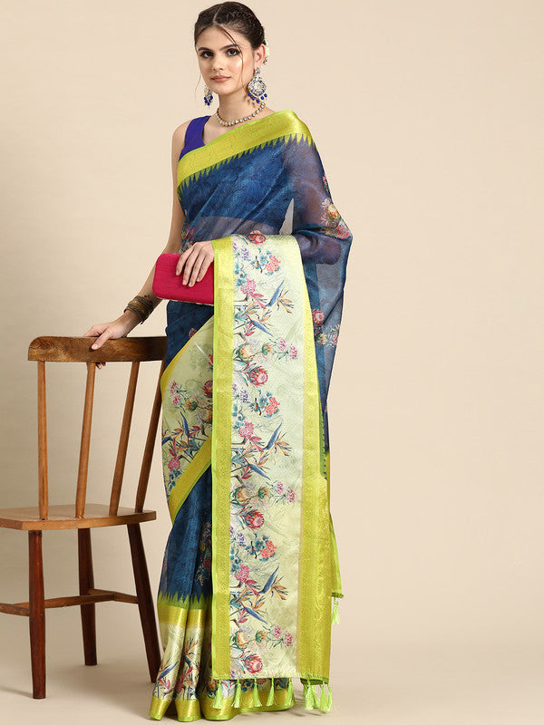 Navy Blue Kanjeevaram Silk Digital Print Floral Saree with Unstitched Blouse - Hiral Fashion | Swadesiicart