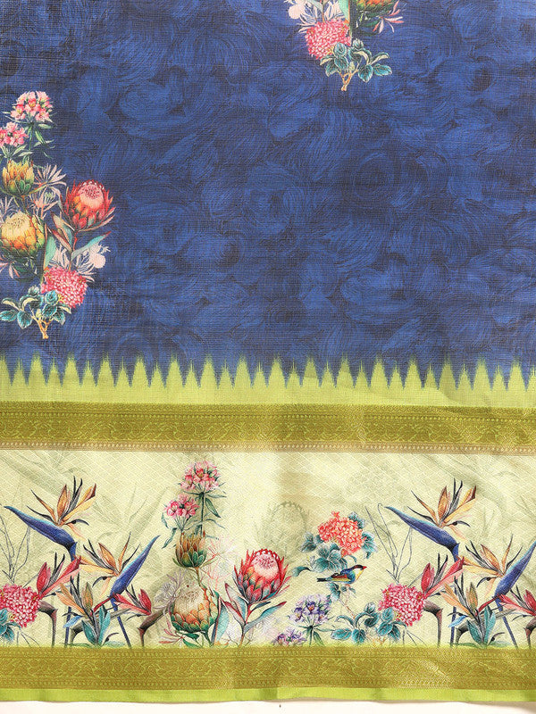 Navy Blue Kanjeevaram Silk Digital Print Floral Saree with Unstitched Blouse - Hiral Fashion | Swadesiicart