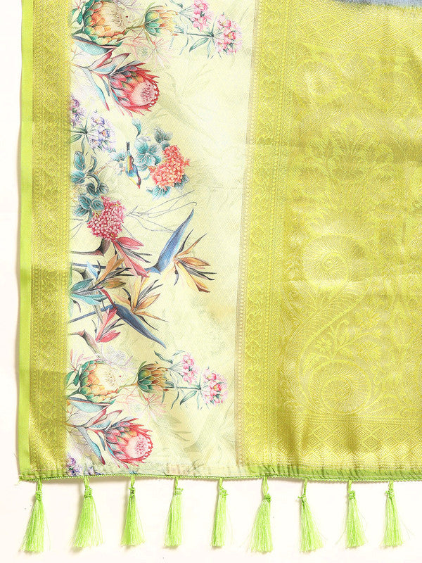 Navy Blue Kanjeevaram Silk Digital Print Floral Saree with Unstitched Blouse - Hiral Fashion | Swadesiicart