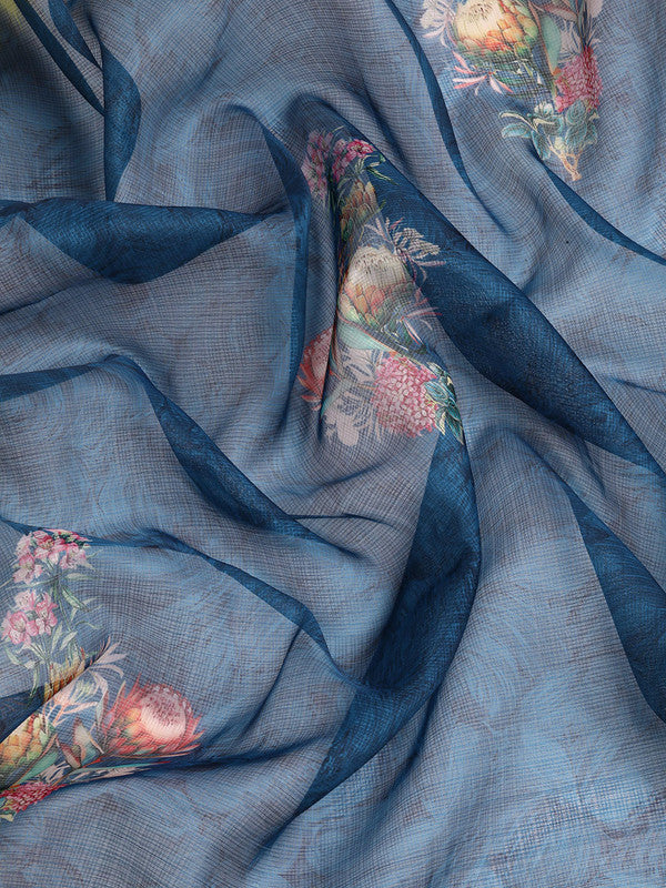 Navy Blue Kanjeevaram Silk Digital Print Floral Saree with Unstitched Blouse - Hiral Fashion | Swadesiicart