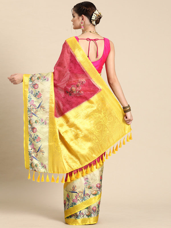 Red Kanjeevaram Silk Digital Print Floral Saree with Unstitched Blouse - Hiral Fashion | Swadesiicart