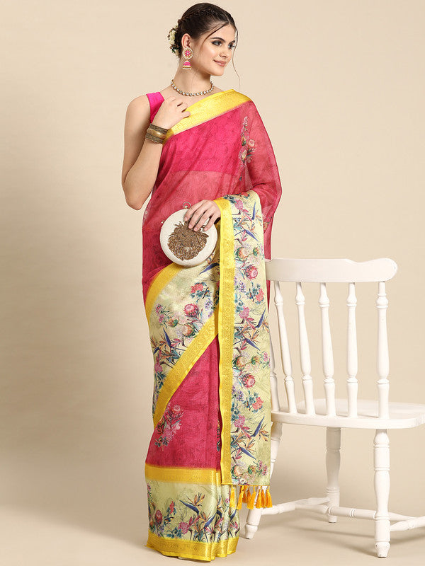 Red Kanjeevaram Silk Digital Print Floral Saree with Unstitched Blouse - Hiral Fashion | Swadesiicart