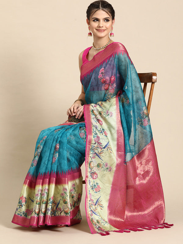 Turquoise Kanjeevaram Silk Digital Print Floral Saree with Unstitched Blouse - Hiral Fashion | Swadesiicart