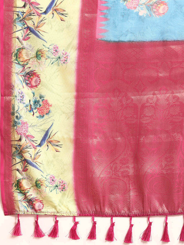 Turquoise Kanjeevaram Silk Digital Print Floral Saree with Unstitched Blouse - Hiral Fashion | Swadesiicart