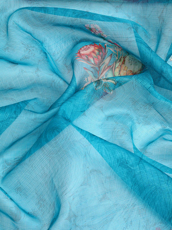 Turquoise Kanjeevaram Silk Digital Print Floral Saree with Unstitched Blouse - Hiral Fashion | Swadesiicart