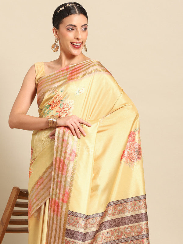 Mustard Art Silk Printed Floral Saree with Unstitched Blouse - Hiral Fashion | Swadesiicart