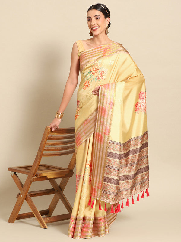 Mustard Art Silk Printed Floral Saree with Unstitched Blouse - Hiral Fashion | Swadesiicart