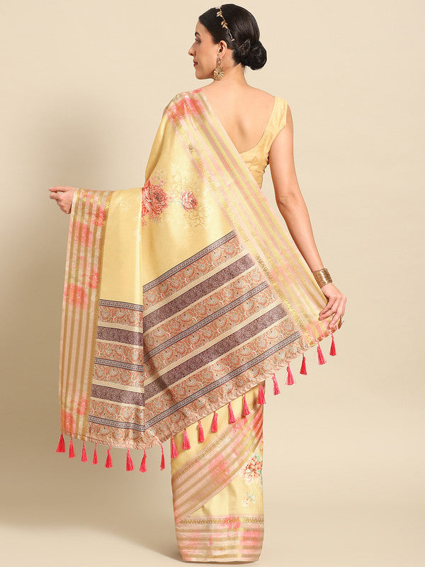 Mustard Art Silk Printed Floral Saree with Unstitched Blouse - Hiral Fashion | Swadesiicart