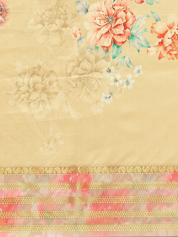 Mustard Art Silk Printed Floral Saree with Unstitched Blouse - Hiral Fashion | Swadesiicart