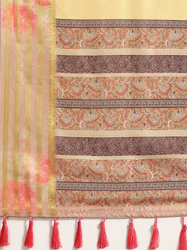 Mustard Art Silk Printed Floral Saree with Unstitched Blouse - Hiral Fashion | Swadesiicart