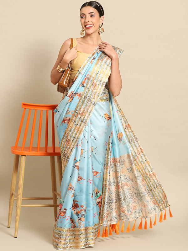 Blue Art Silk Printed Floral Saree with Unstitched Blouse - Hiral Fashion | Swadesiicart