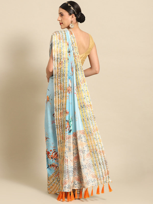 Blue Art Silk Printed Floral Saree with Unstitched Blouse - Hiral Fashion | Swadesiicart