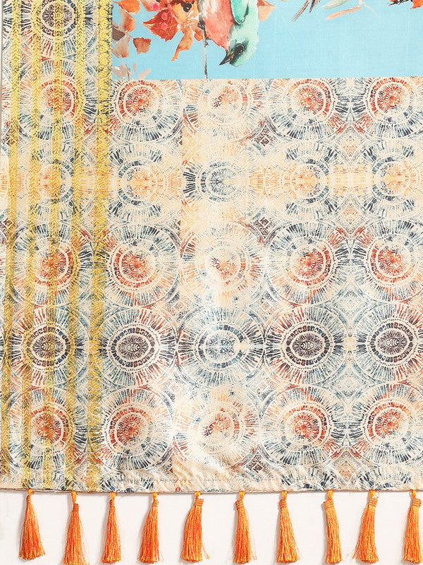 Blue Art Silk Printed Floral Saree with Unstitched Blouse - Hiral Fashion | Swadesiicart