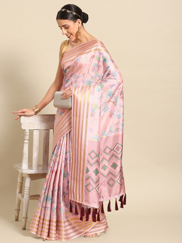 Pink Art Silk Printed Floral Saree with Unstitched Blouse - Hiral Fashion | Swadesiicart