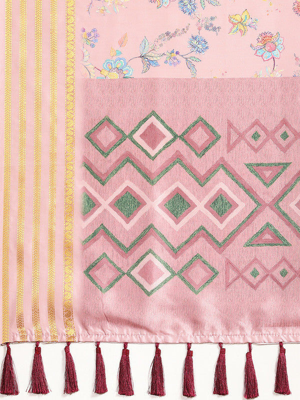 Pink Art Silk Printed Floral Saree with Unstitched Blouse - Hiral Fashion | Swadesiicart