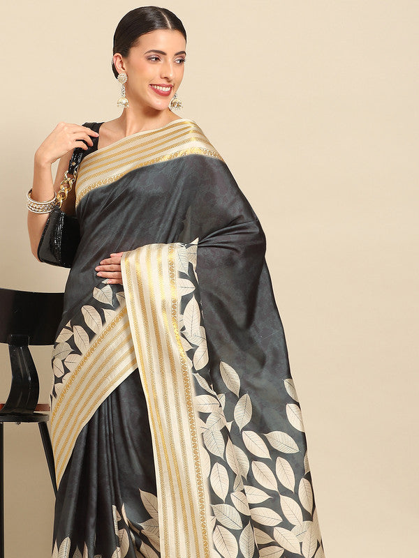 Black Art Silk Printed Floral Saree with Unstitched Blouse - Hiral Fashion | Swadesiicart