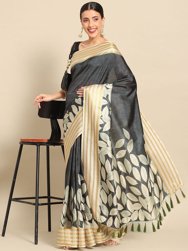 Black Art Silk Printed Floral Saree with Unstitched Blouse - Hiral Fashion | Swadesiicart