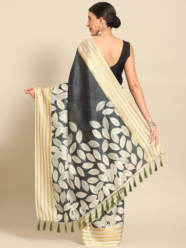 Black Art Silk Printed Floral Saree with Unstitched Blouse - Hiral Fashion | Swadesiicart
