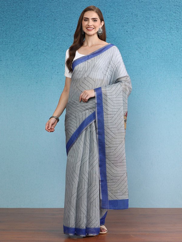 Gray Silk Cotton Digital Print Striped Saree with Unstitched Blouse - Hiral Fashion | Swadesiicart