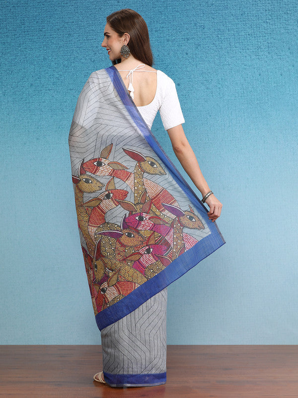 Gray Silk Cotton Digital Print Striped Saree with Unstitched Blouse - Hiral Fashion | Swadesiicart