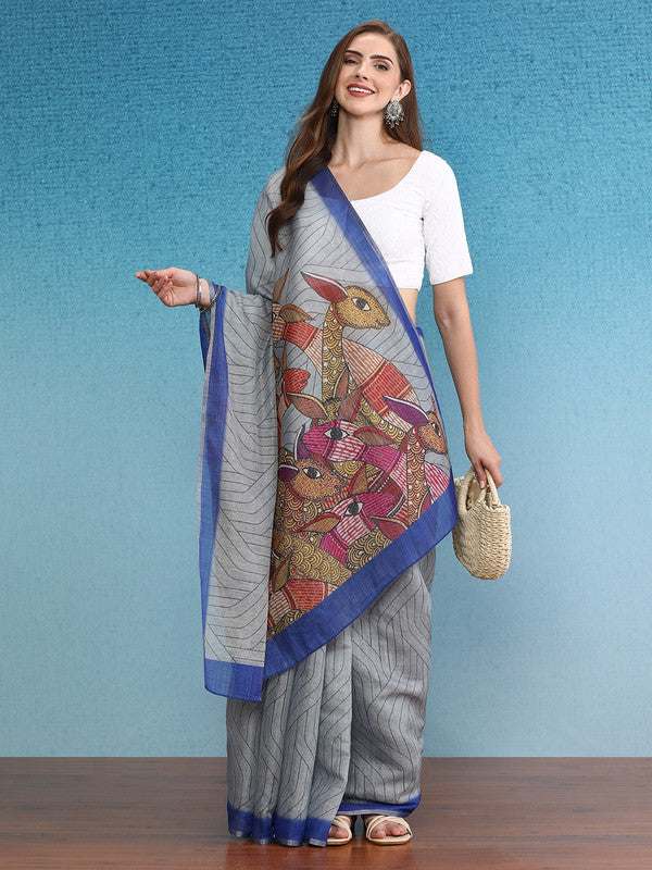 Gray Silk Cotton Digital Print Striped Saree with Unstitched Blouse - Hiral Fashion | Swadesiicart
