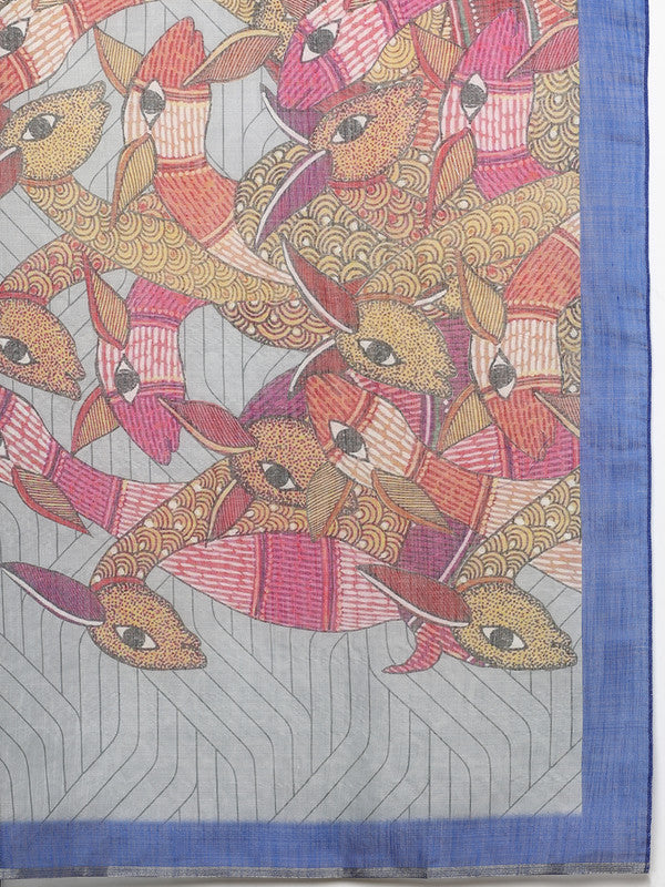 Gray Silk Cotton Digital Print Striped Saree with Unstitched Blouse - Hiral Fashion | Swadesiicart