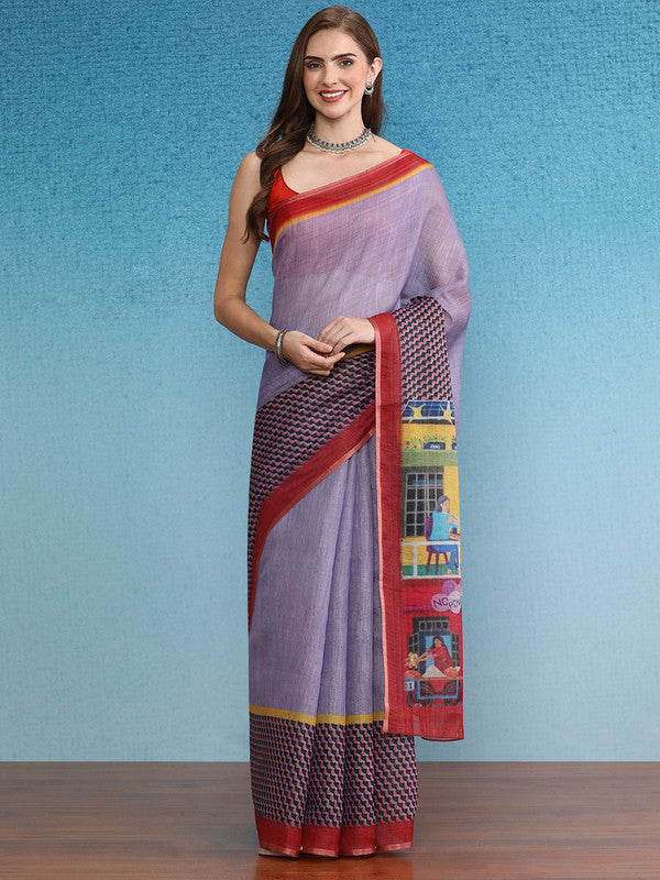 Lavender Silk Cotton Digital Print Solid Saree with Unstitched Blouse - Hiral Fashion | Swadesiicart