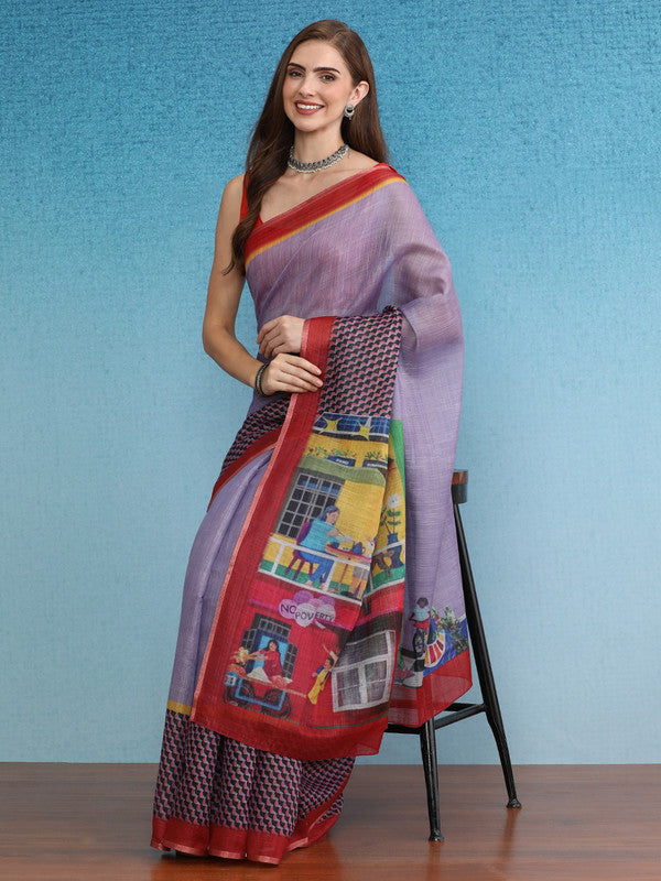Lavender Silk Cotton Digital Print Solid Saree with Unstitched Blouse - Hiral Fashion | Swadesiicart