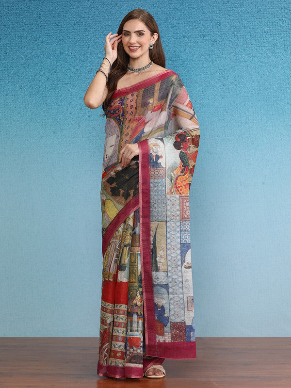 Multicolor Silk Cotton Digital Print Abstract Saree with Unstitched Blouse - Hiral Fashion | Swadesiicart