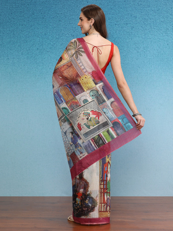 Multicolor Silk Cotton Digital Print Abstract Saree with Unstitched Blouse - Hiral Fashion | Swadesiicart