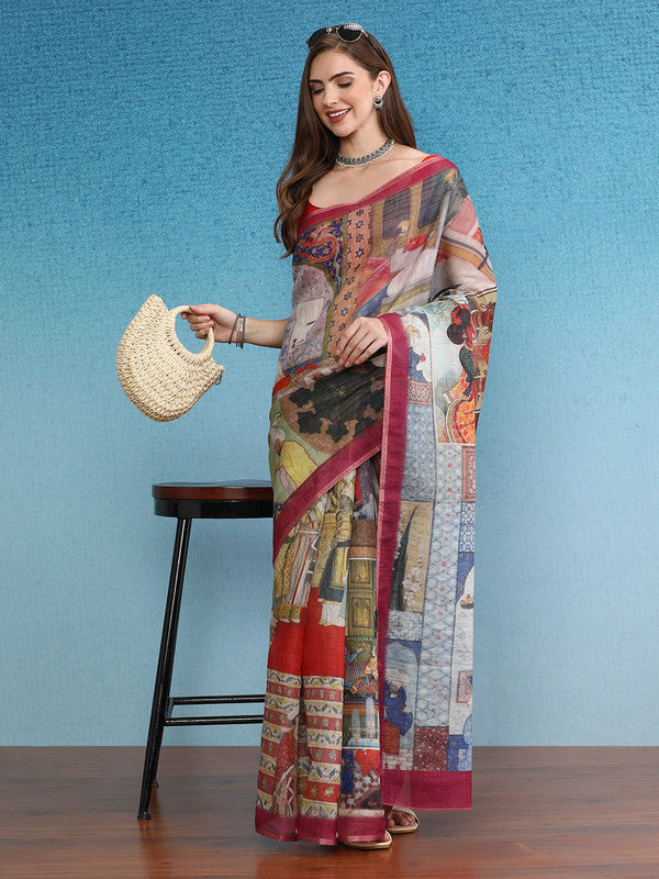 Multicolor Silk Cotton Digital Print Abstract Saree with Unstitched Blouse - Hiral Fashion | Swadesiicart