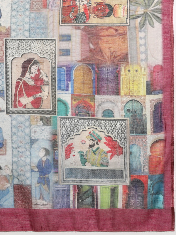 Multicolor Silk Cotton Digital Print Abstract Saree with Unstitched Blouse - Hiral Fashion | Swadesiicart